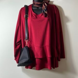 ELOQUII RED PLUS TUNIC TOP WITH DOUBLE PEPLUM RUFFLE LONG SLEEVES LONG ZIP BACK